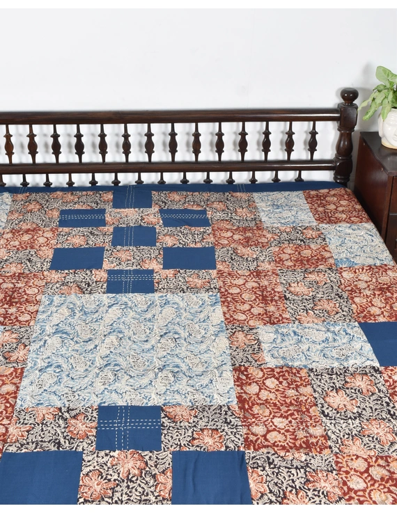 Kalamkari patchwork reversible double bedcover in blue and rust: HBC02A-100 x 108-4