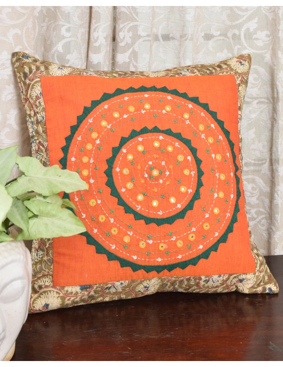 Orange Kalamkari Embroidered Cushion Cover With Mirror work : HCC51A-HCC51A