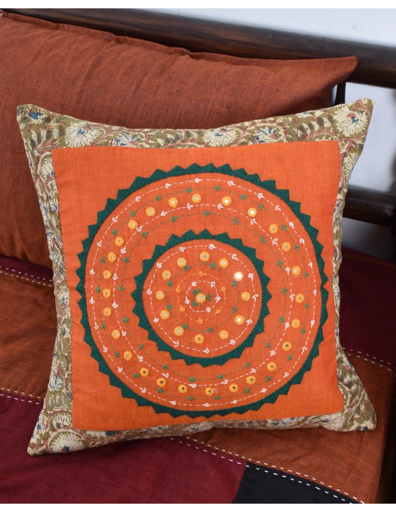 Orange Kalamkari Embroidered Cushion Cover With Mirror work : HCC51A-2