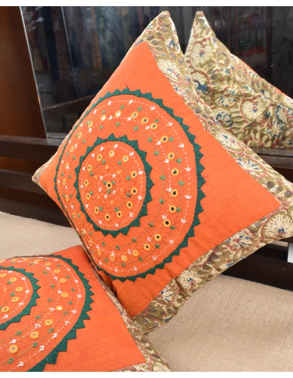 Orange Kalamkari Embroidered Cushion Cover With Mirror work : HCC51A-3