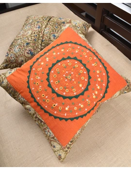 Orange Kalamkari Embroidered Cushion Cover With Mirror work : HCC51A-4-sm