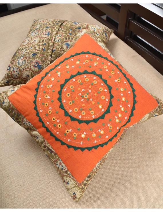 Orange Kalamkari Embroidered Cushion Cover With Mirror work : HCC51A-4