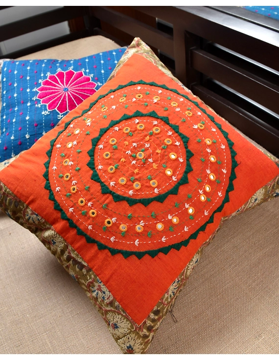 Orange Kalamkari Embroidered Cushion Cover With Mirror work : HCC51A-5