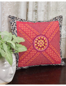 Pink Kalamkari Embroidered Cushion Cover With Mirror work : HCC51B-HCC51B-sm