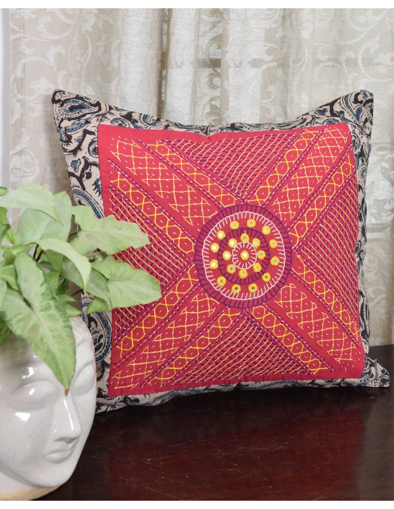 Pink Kalamkari Embroidered Cushion Cover With Mirror work : HCC51B-HCC51B