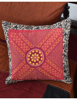 Pink Kalamkari Embroidered Cushion Cover With Mirror work : HCC51B-2-sm