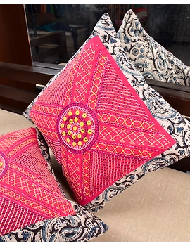 Pink Kalamkari Embroidered Cushion Cover With Mirror work : HCC51B-3-sm
