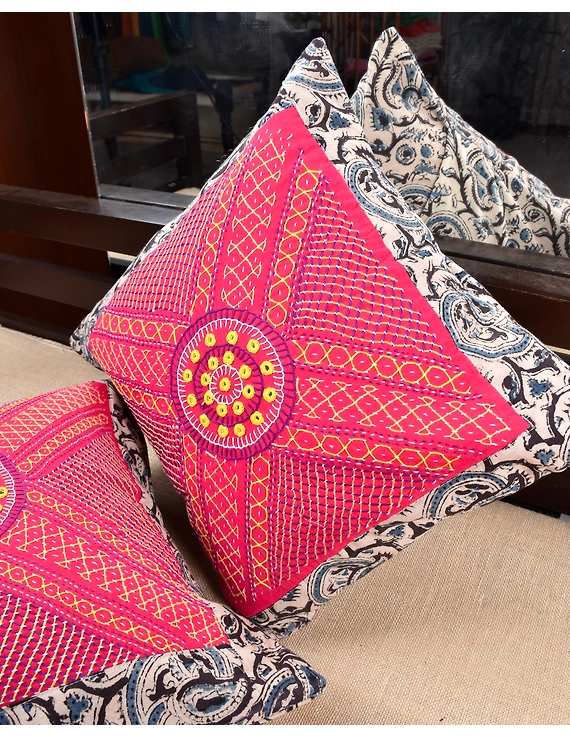 Pink Kalamkari Embroidered Cushion Cover With Mirror work : HCC51B-3