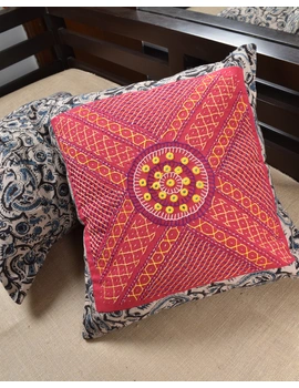 Pink Kalamkari Embroidered Cushion Cover With Mirror work : HCC51B-4-sm