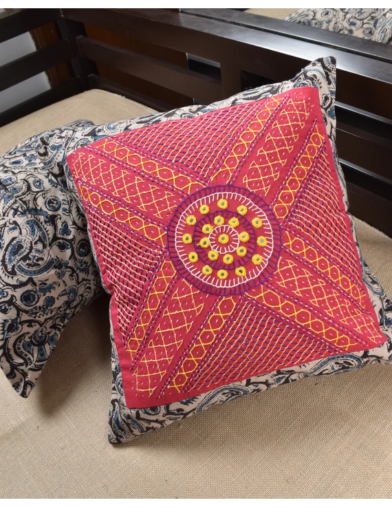 Pink Kalamkari Embroidered Cushion Cover With Mirror work : HCC51B-4