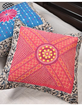 Pink Kalamkari Embroidered Cushion Cover With Mirror work : HCC51B-5-sm