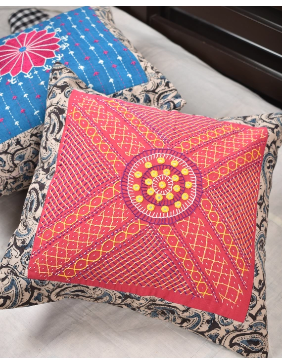 Pink Kalamkari Embroidered Cushion Cover With Mirror work : HCC51B-5