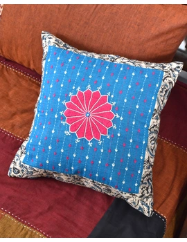 Blue cotton with Kalamkari Embroidered Cushion Cover: HCC51C-2-sm