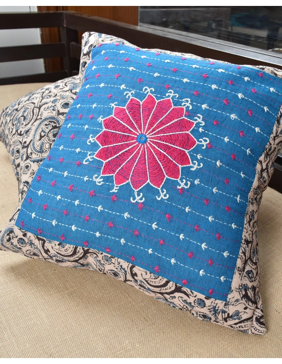 Blue cotton with Kalamkari Embroidered Cushion Cover: HCC51C-2