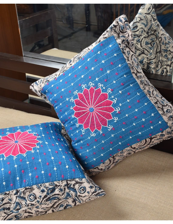 Blue cotton with Kalamkari Embroidered Cushion Cover: HCC51C-3