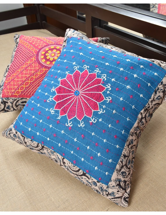 Blue cotton with Kalamkari Embroidered Cushion Cover: HCC51C-4