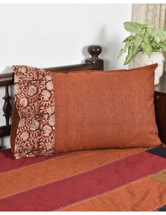 Rust Mangalgiri Pillow Cover Pair With Kalamkari Print : HPC01D-2