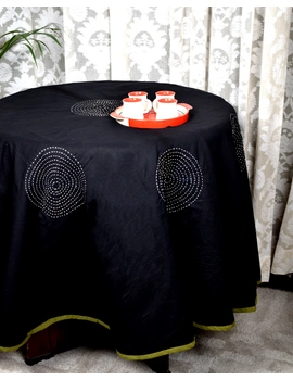 Round kalamkari patchwork and black mangalgiri reversible table cloth: TBKR01A-1-sm