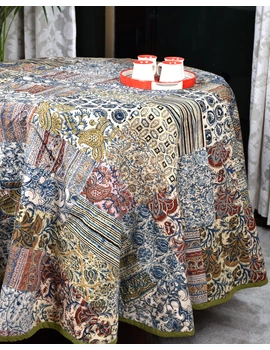 Round kalamkari patchwork and black mangalgiri reversible table cloth: TBKR01A-3-sm