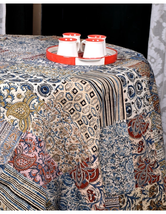 Round kalamkari patchwork and black mangalgiri reversible table cloth: TBKR01A-5