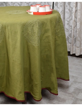 Round kalamkari patchwork with green mangalagiri reversible table cloth 180 cm: TBKR01B-2-sm