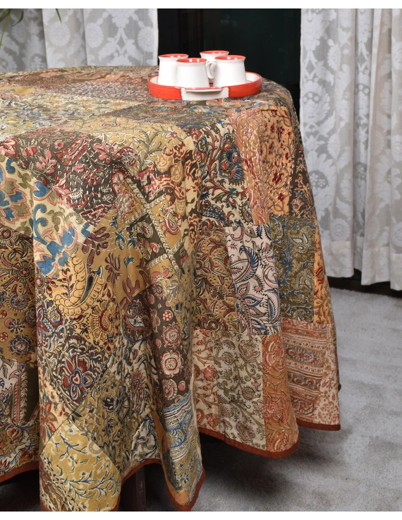 Round kalamkari patchwork with rust mangalagiri reversible table cloth 180 cm: TBKR01C-TBKR01C