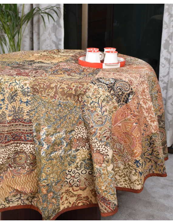 Round kalamkari patchwork with rust mangalagiri reversible table cloth 180 cm: TBKR01C-2