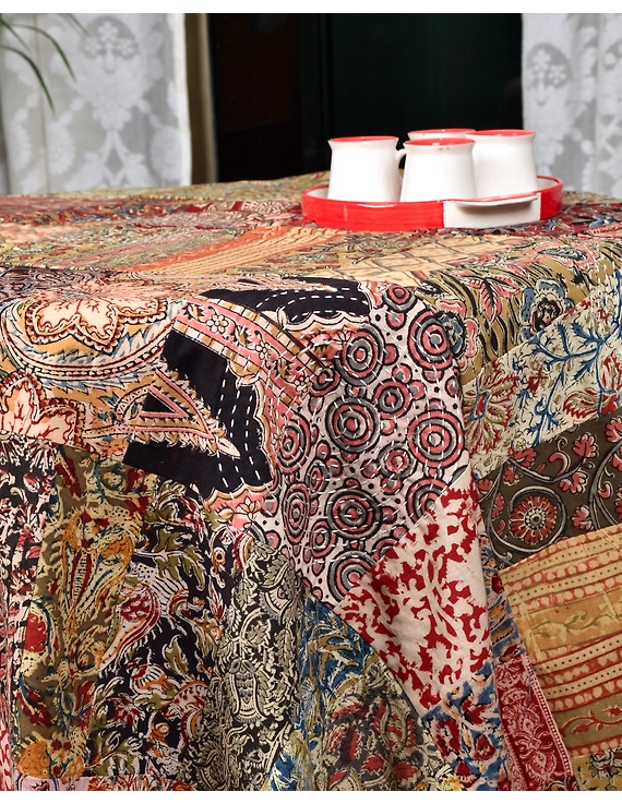Round kalamkari patchwork with rust mangalagiri reversible table cloth 180 cm: TBKR01C-3