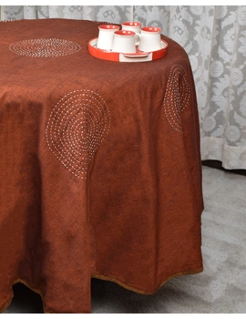 Round kalamkari patchwork with brown mangalagiri reversible table cloth 180 cm: TBKR01D-TBKR01D-sm