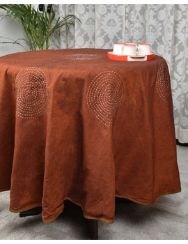 Round kalamkari patchwork with brown mangalagiri reversible table cloth 180 cm: TBKR01D-1-sm