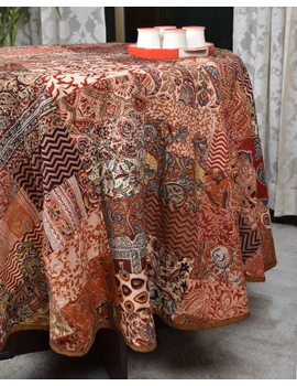 Round kalamkari patchwork with brown mangalagiri reversible table cloth 180 cm: TBKR01D-3-sm