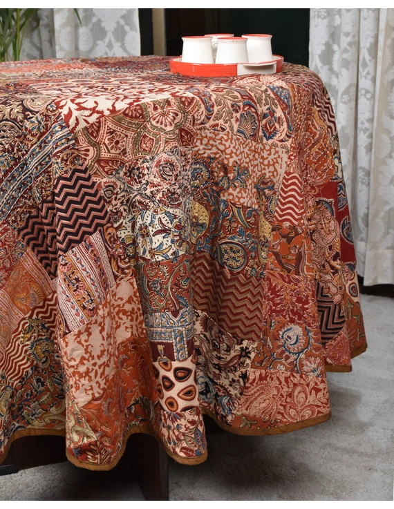 Round kalamkari patchwork with brown mangalagiri reversible table cloth 180 cm: TBKR01D-3