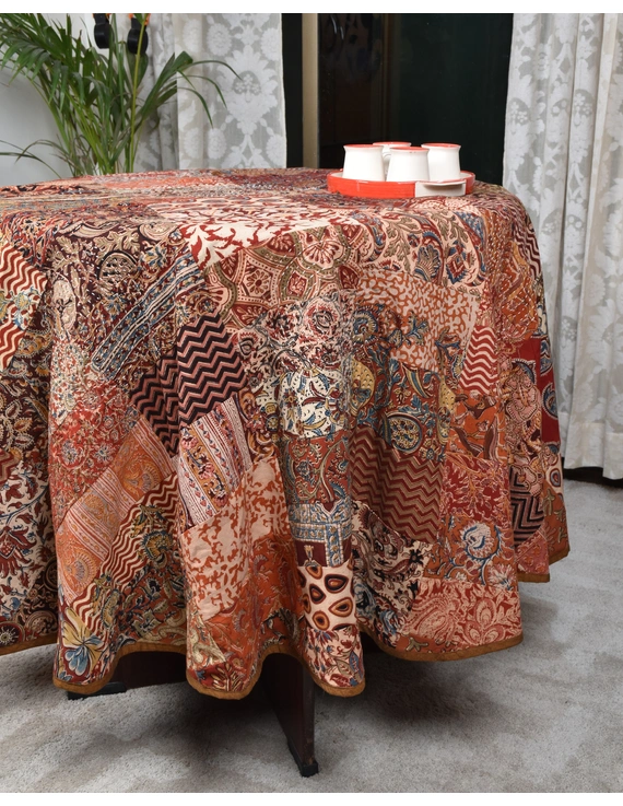 Round kalamkari patchwork with brown mangalagiri reversible table cloth 180 cm: TBKR01D-4