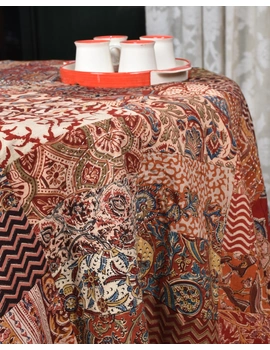 Round kalamkari patchwork with brown mangalagiri reversible table cloth 180 cm: TBKR01D-5-sm