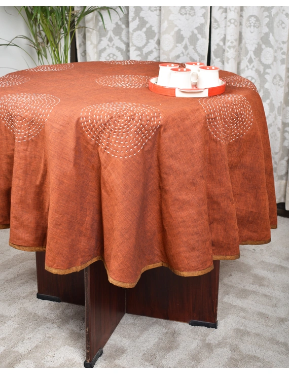 Round kalamkari patchwork with brown mangalagiri reversible table cloth 150 cm: TBKS01A-TBKS01A