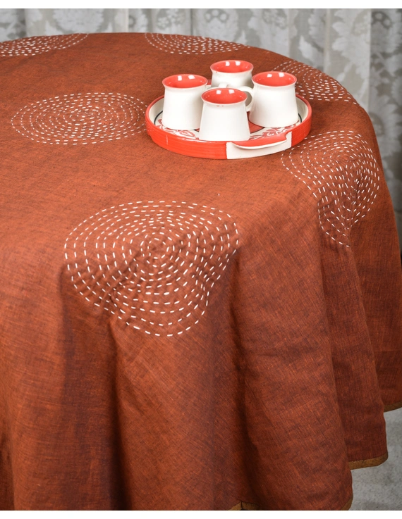 Round kalamkari patchwork with brown mangalagiri reversible table cloth 150 cm: TBKS01A-1