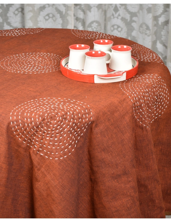 Round kalamkari patchwork with brown mangalagiri reversible table cloth 150 cm: TBKS01A-2