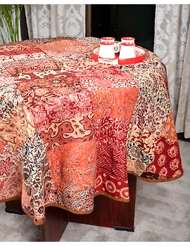 Round kalamkari patchwork with brown mangalagiri reversible table cloth 150 cm: TBKS01A-3-sm