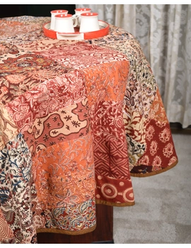 Round kalamkari patchwork with brown mangalagiri reversible table cloth 150 cm: TBKS01A-4-sm