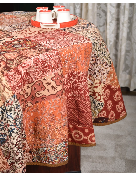 Round kalamkari patchwork with brown mangalagiri reversible table cloth 150 cm: TBKS01A-4