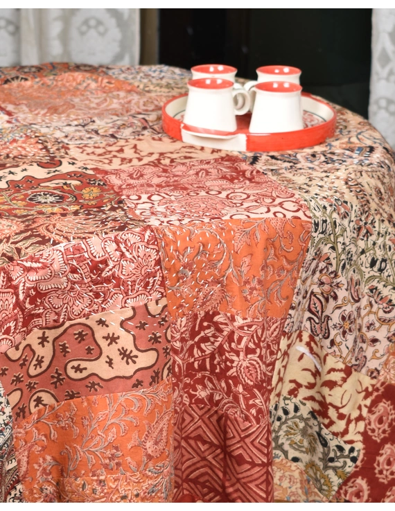 Round kalamkari patchwork with brown mangalagiri reversible table cloth 150 cm: TBKS01A-5