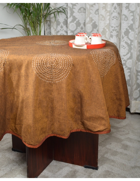 Round kalamkari patchwork with rust mangalagiri reversible table cloth 150 cm: TBKS01B-1