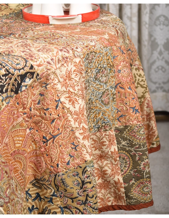 Round kalamkari patchwork with rust mangalagiri reversible table cloth 150 cm: TBKS01B-3