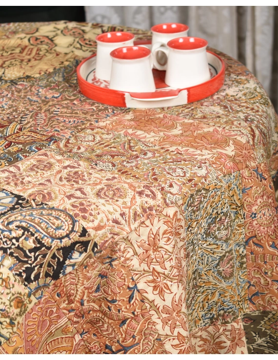 Round kalamkari patchwork with rust mangalagiri reversible table cloth 150 cm: TBKS01B-4
