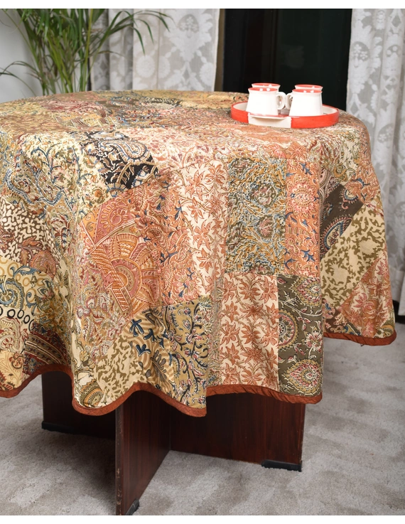 Round kalamkari patchwork with rust mangalagiri reversible table cloth 150 cm: TBKS01B-5