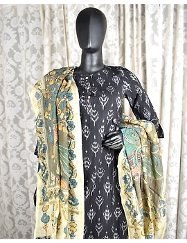 Handpainted Kalamkari chanderi cotton dupatta in black and yellow : WAD01B-2-sm