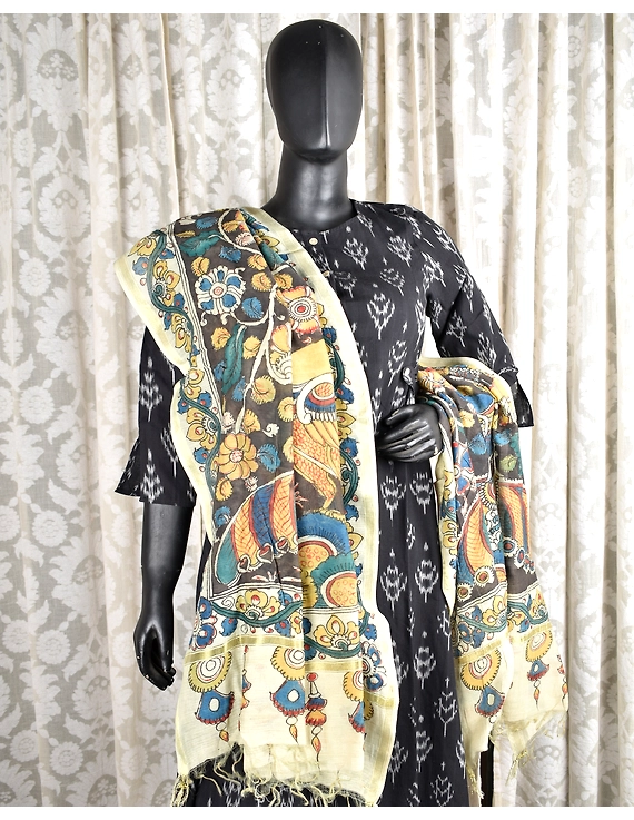 Handpainted Kalamkari chanderi cotton dupatta in black and mustard : WAD01C-1