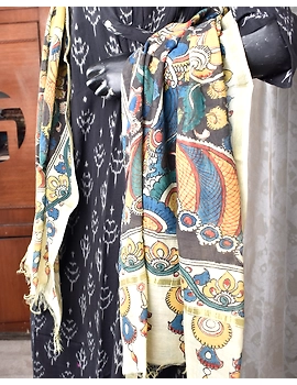 Handpainted Kalamkari chanderi cotton dupatta in black and mustard : WAD01C-2-sm