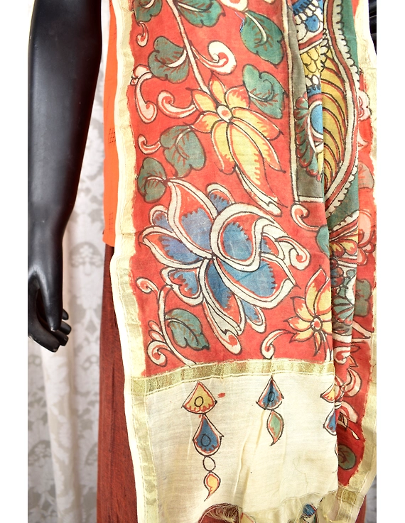 Handpainted Kalamkari chanderi cotton dupatta in rust: WAD01E-1