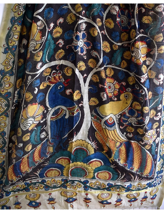 Handpainted Kalamkari chanderi cotton dupatta in black and mustard : WAD01C-3